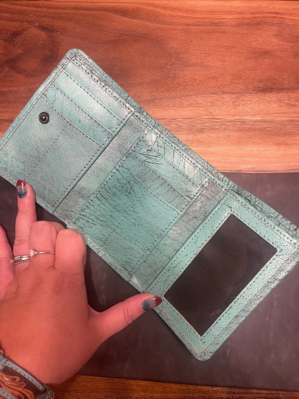 Woven Turquoise and Tan Leather Card Wallet